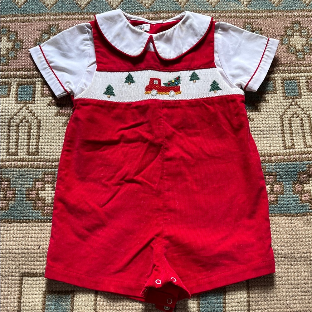 Red Corduroy Christmas Tree Truck Jon Jon - size 9 mos
